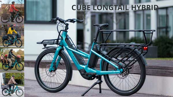 Näet pienen kuvakollaasin otsikolla Cube Longtail Hybrid. Siinä näkyy sininen Cube-lastipyörä erilaisissa mahdollisissa käyttötarkoituksissa.
