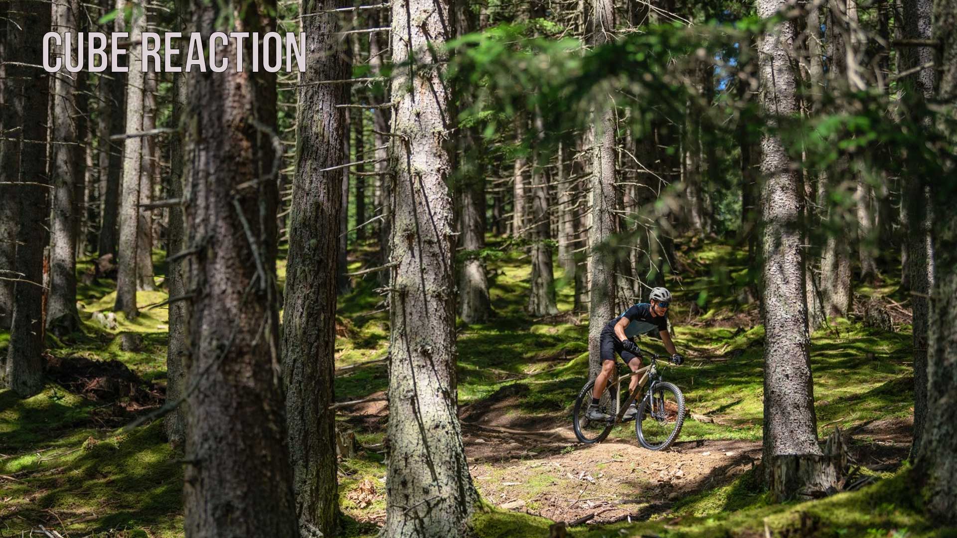 Pyöräilijä ajaa Cube Reaction hardtail -maastopyörällä metsässä, kuvan kuvateksti on Cube Reaction.