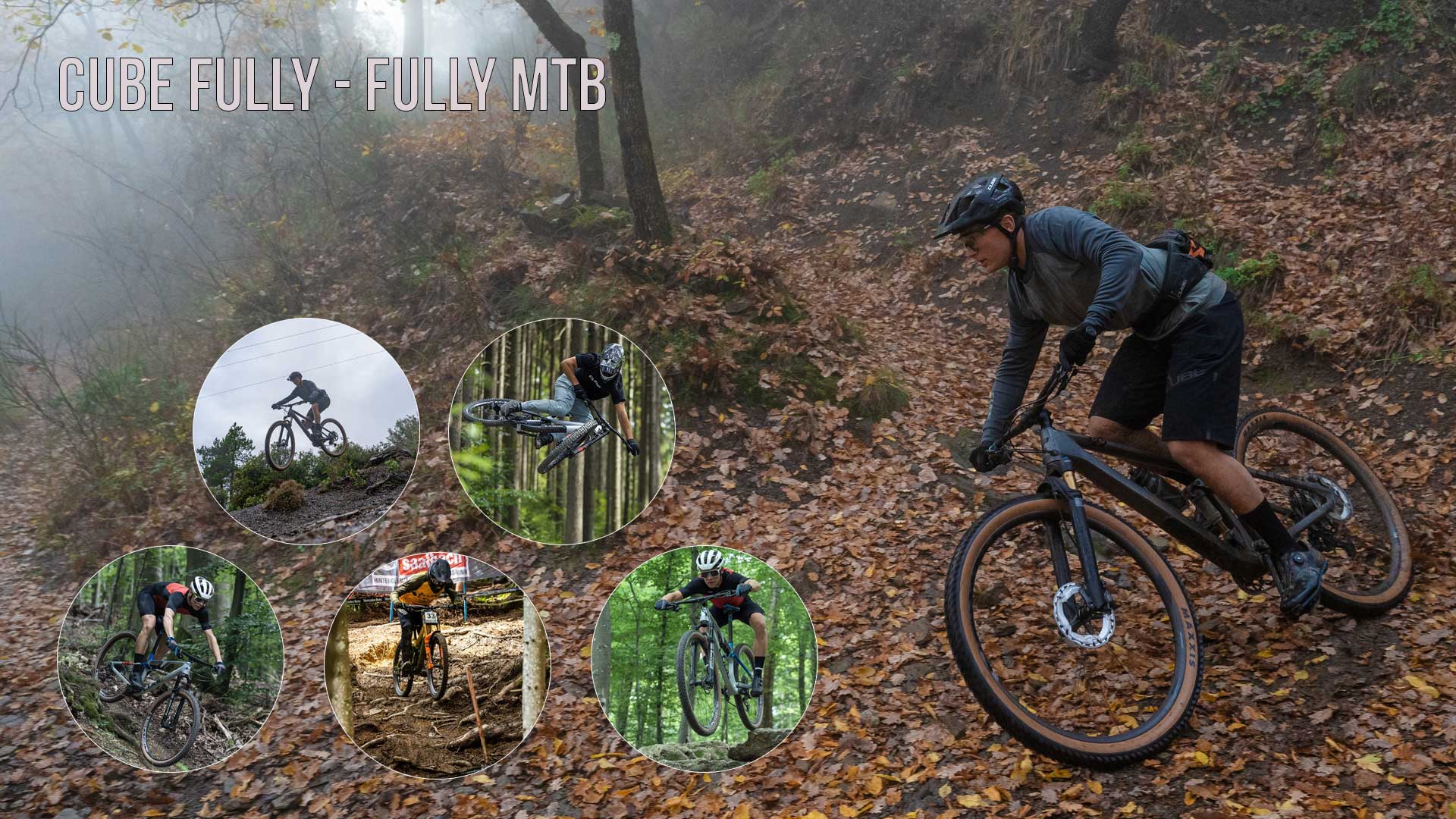 Näet kuvakollaasin, jonka otsikko on Cube Cube täysjousitettu maastopyörä ja jossa downhill-rattaat ovat vaikuttavissa asennoissa.