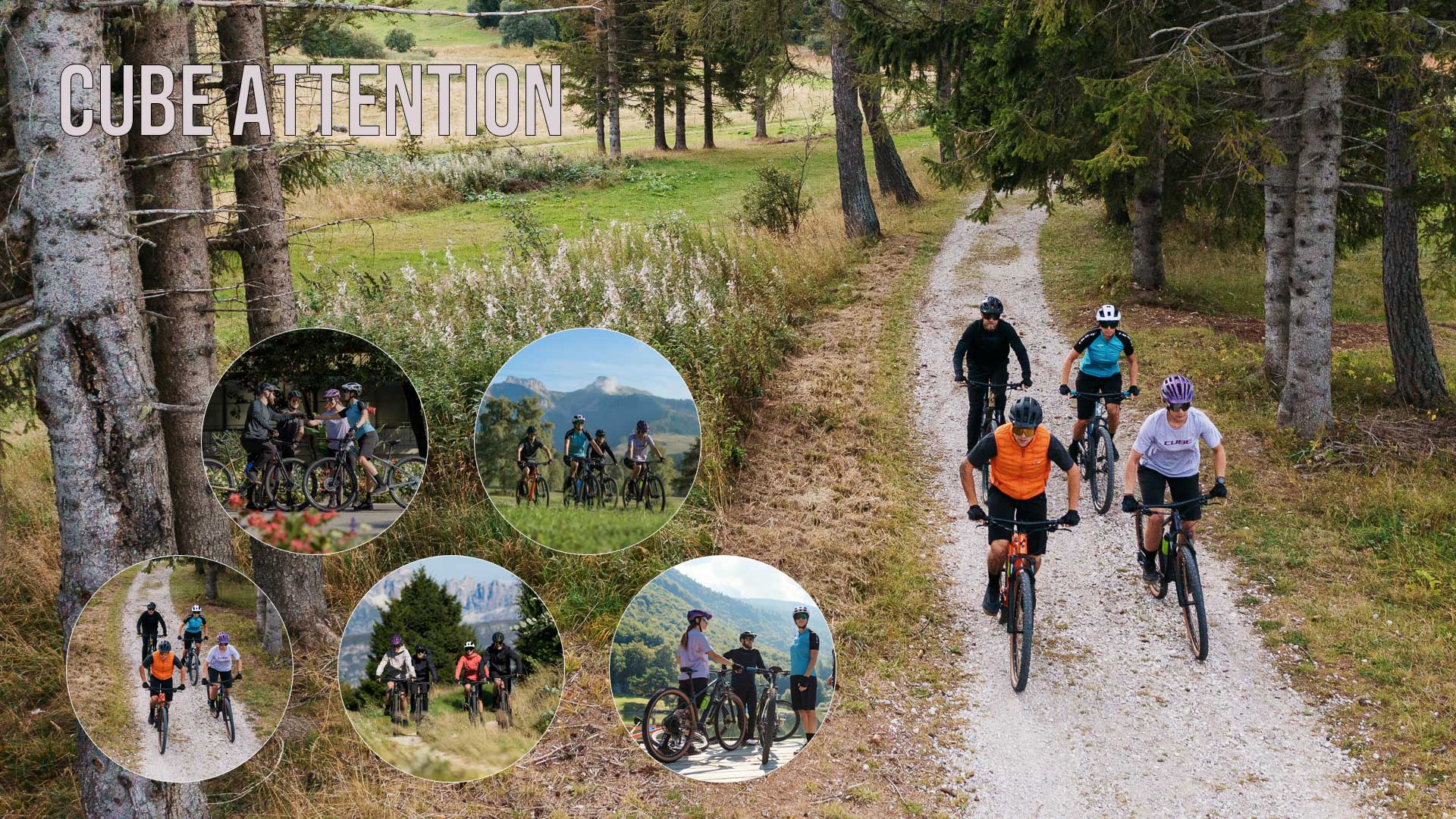Pyöräilijät, joilla on Cube Attention hardtail -maastopyörät. Viidessä pyöreässä kuvassa on pyöräilijöitä, joilla on Cube Attention hardtail -maastopyörät erilaisissa maisemissa.
