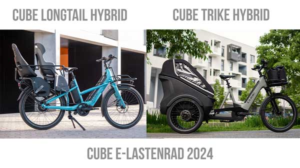 Banderolli, jossa teksti Cube E-cargo bike 2024. Sen alapuolella Cube Longtail Hybrid ja Cube Trike Hybrid, kummassakin kuvassa merkintä.