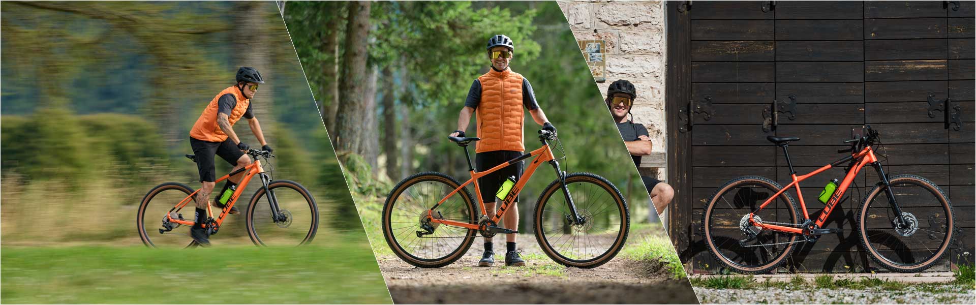 Bannerissa on kolme kuvaa, jotka on erotettu toisistaan valkoisilla viivoilla. Vasemmalla pyöräilijä seisoo Cube Attention hardtail -maastopyörän päällä. Keskellä hän seisoo pyörän takana ja pitää sitä kädessään. Oikealla hän istuu penkillä, Cube Attention nojaa seinään.