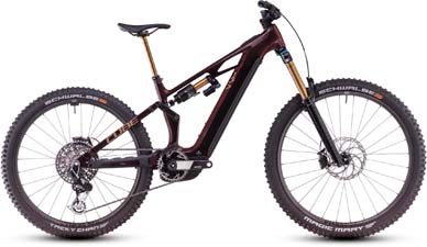 Näet tummanpunaisen Cube Stereo Hybrid ONE44 Pro -ähköpyörän, jossa on kultaiset iskunvaimentimet.
