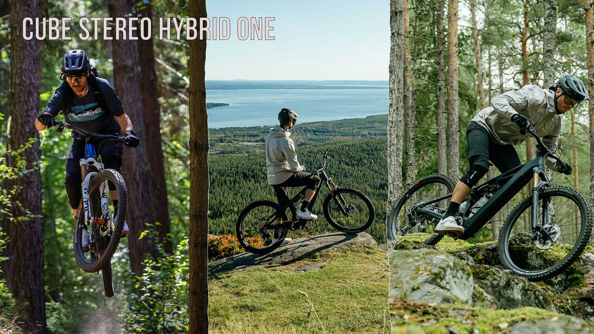 Näet kuvakollaasin otsikolla Cube Stereo Hybrid ONE, jossa näkyy useita pyöräilijöitä ajelemassa metsäisessä maisemassa.