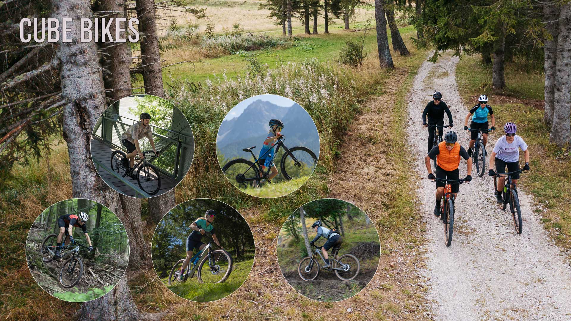 Näet kuvakollaasin otsikolla Cube Bikes. Siinä on useita kuvia pyöräilevistä ihmisistä.