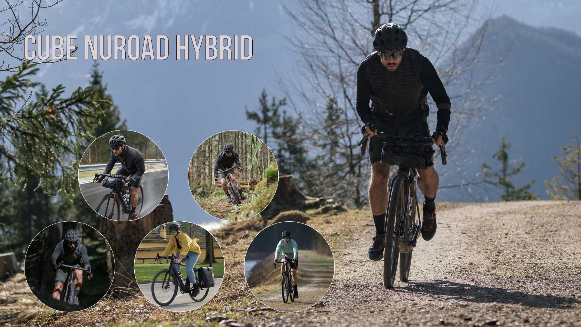Näet kuvakollaasin otsikolla Cube Nuroad Hybrid, jossa näkyy useita pyöräilijöitä Cube Nuroadin kanssa eri ympäristöissä.