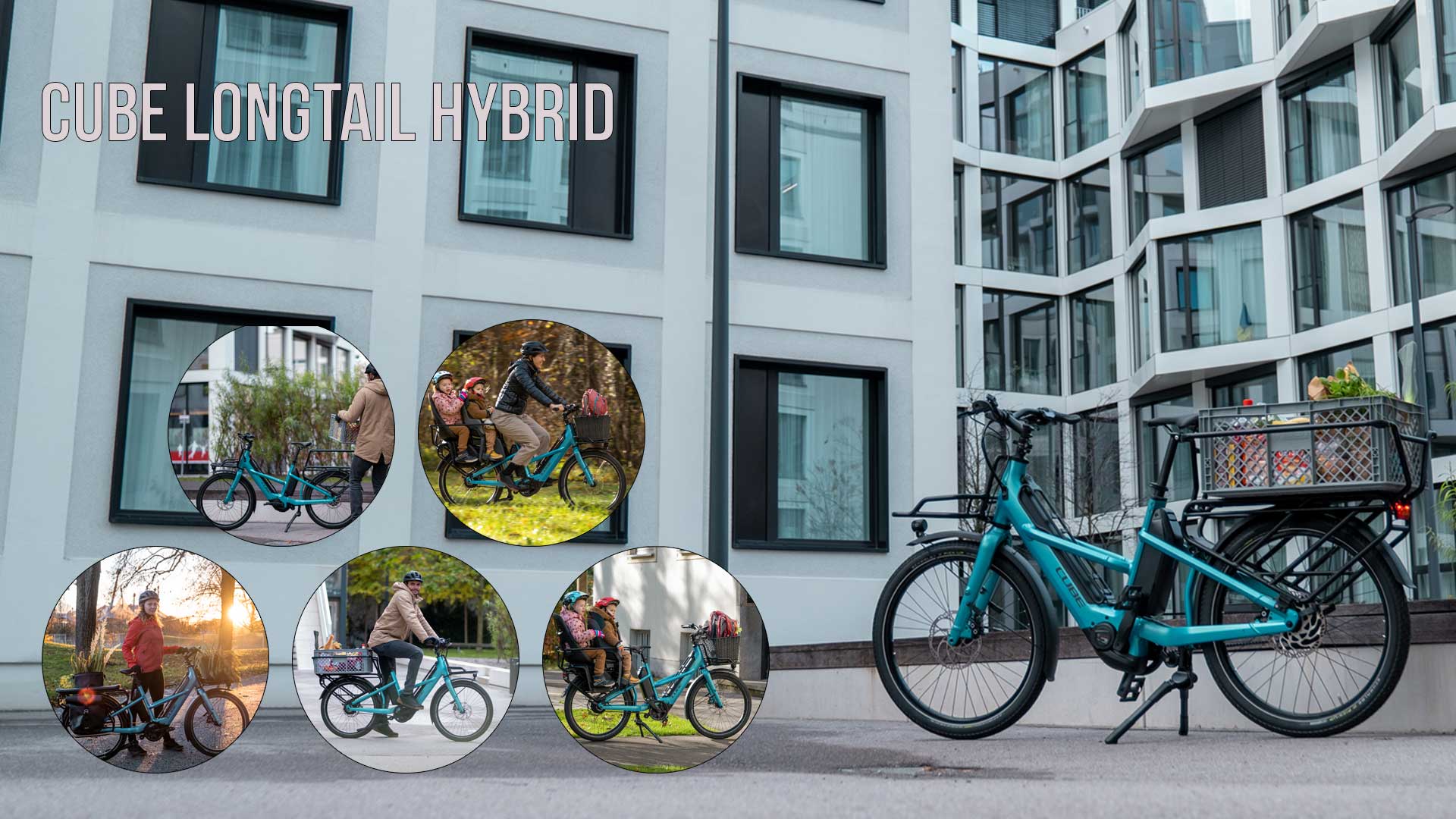 Näet kuvakollaasin otsikolla Cube Longtail Hybrid, jossa on useita kuvia pyöräilijöistä Cube Longtailin kanssa kaupunkiympäristössä.