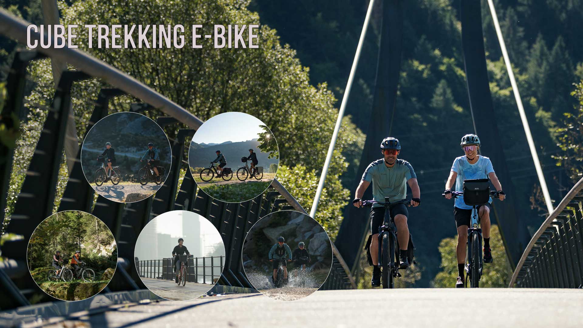 Näet kuvakollaasin otsikolla Cube Trekking E-Bike. Siinä näkyy useita pyöräilijöitä, jotka ajavat läpi erilaisten maisemien.