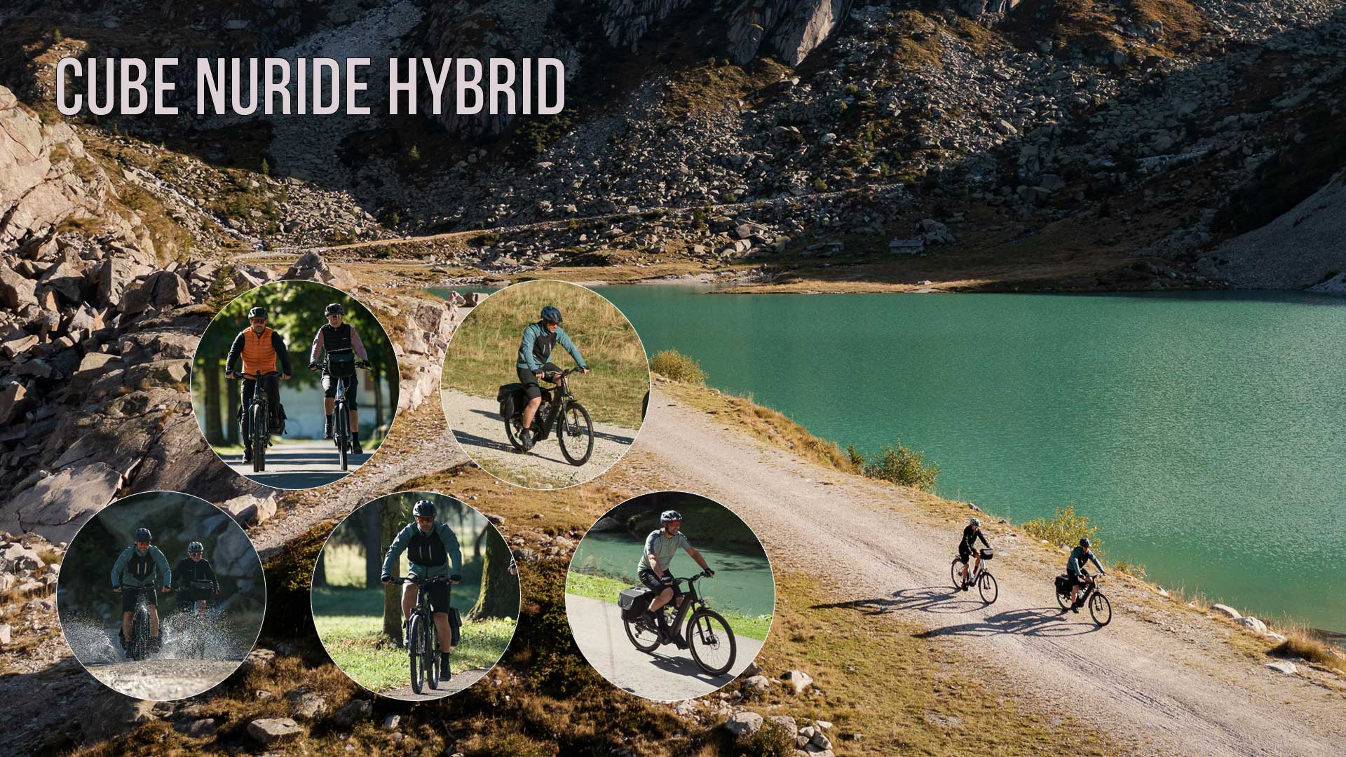 Näet kuvakollaasin otsikolla Cube Nuride Hybrid, jossa on useita kuvia pyöräilijöistä Cube Nuride Hybridin kanssa eri ympäristöissä.