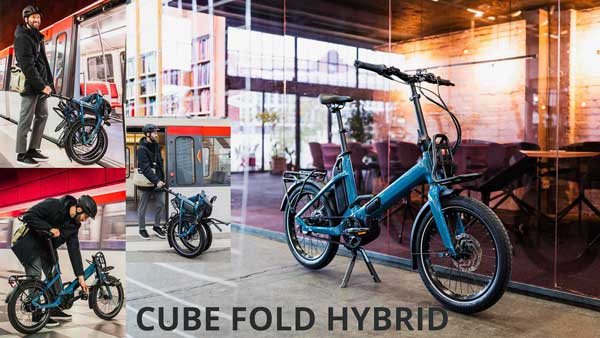 Näet pienen kuvakollaasin otsikolla Cube Fold Hybrid. Siinä näkyy sininen Cube-taittopyörä erilaisissa arkipäivän tilanteissa.
