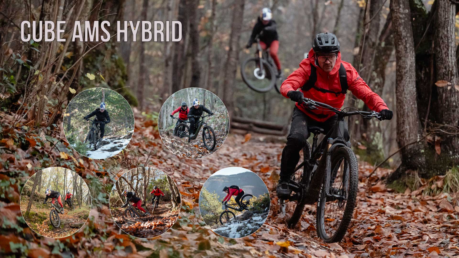 Näet kuvakollaasin otsikolla Cube AMS Hybrid. Siinä näkyy useita pyöräilijöitä matkalla metsässä.